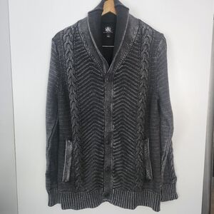 ROCK & REPUBLIC Mens Cable Knit Fisherman Sweater Grey Washed Lapel CollarLarge